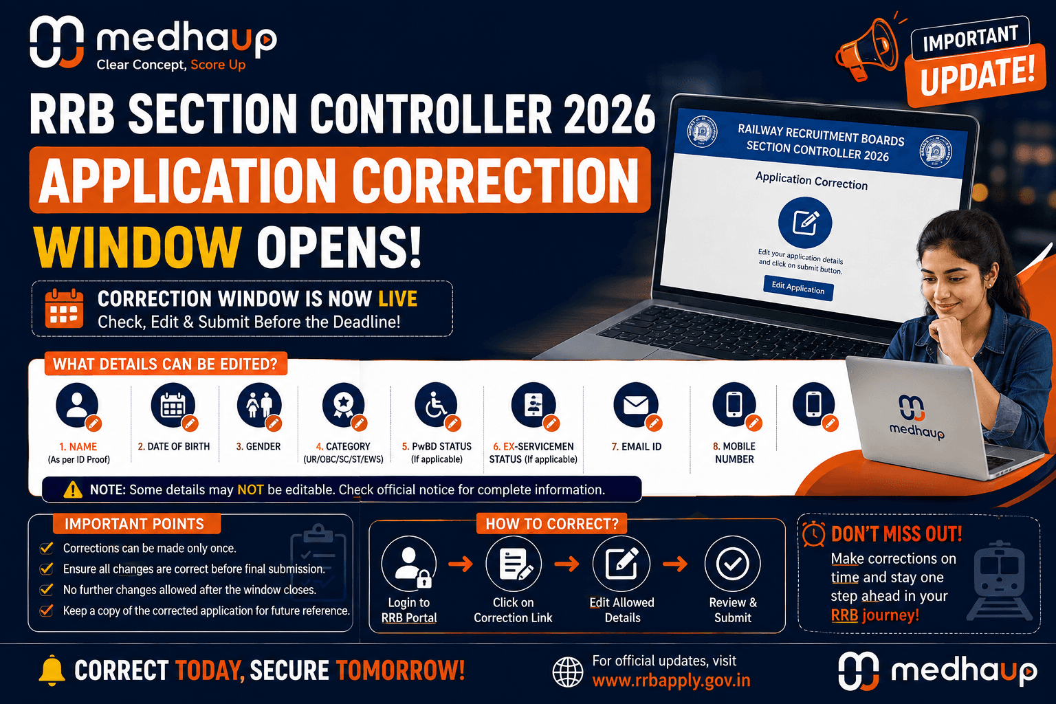 RRB Section Controller 2026 Application Correction Window Opens: What Details Can Be Edited?