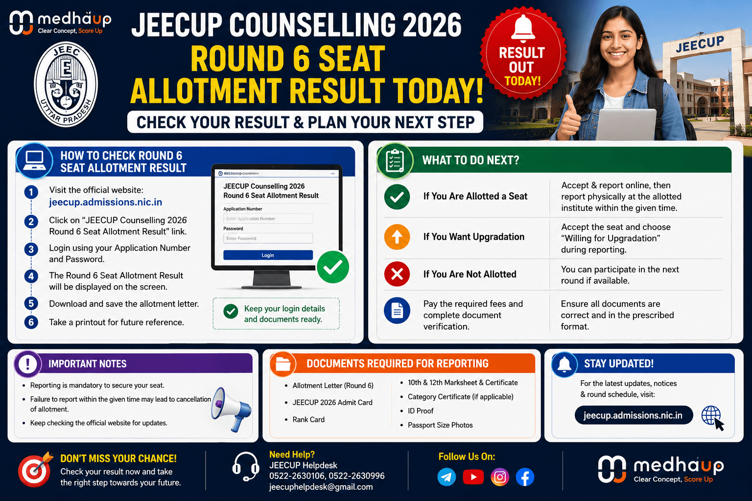 JEECUP Counselling 2026 Round 6 Seat Allotment Result Today: How to Check & What to Do Next